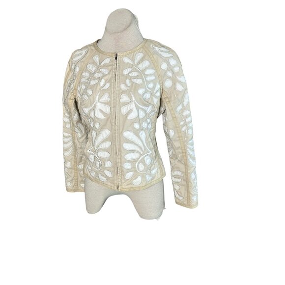 Catherine Malandrino Beige White Appliqué Full Zip Jacket Size Large - Picture 2 of 10